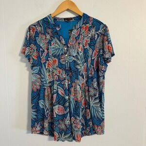 Ava & Grace Blue Floral Paisley Mesh Overlay Blouse Short Sleeve Large NEW